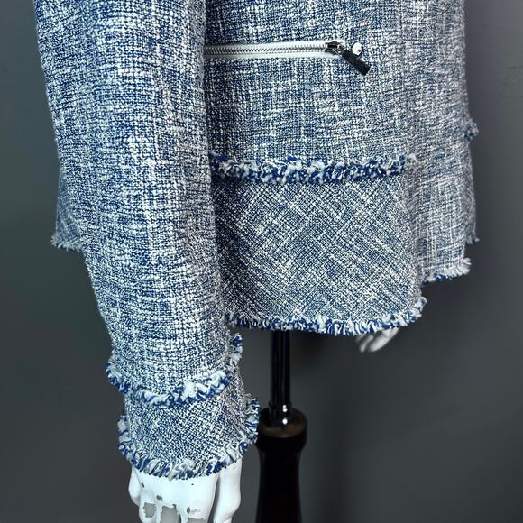 Lafayette 148 jacket size 16 tweed blazer white blue moto cotton business office - Picture 9 of 14